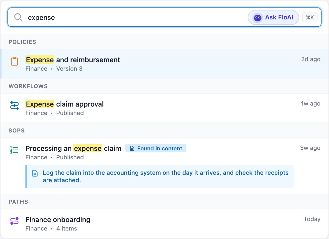 Search across policies, workflows, SOPs and paths