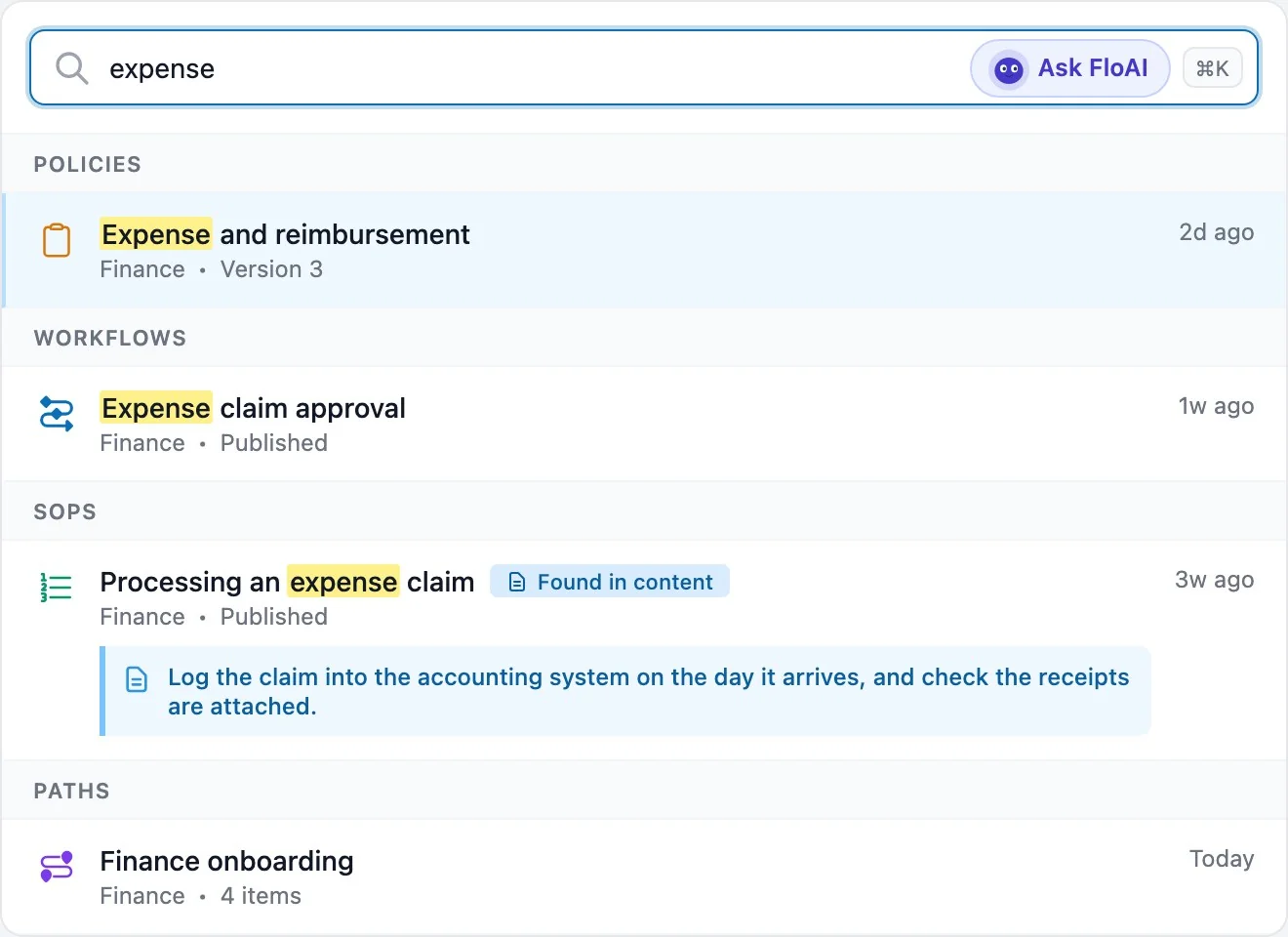 Search across policies, workflows, SOPs and paths