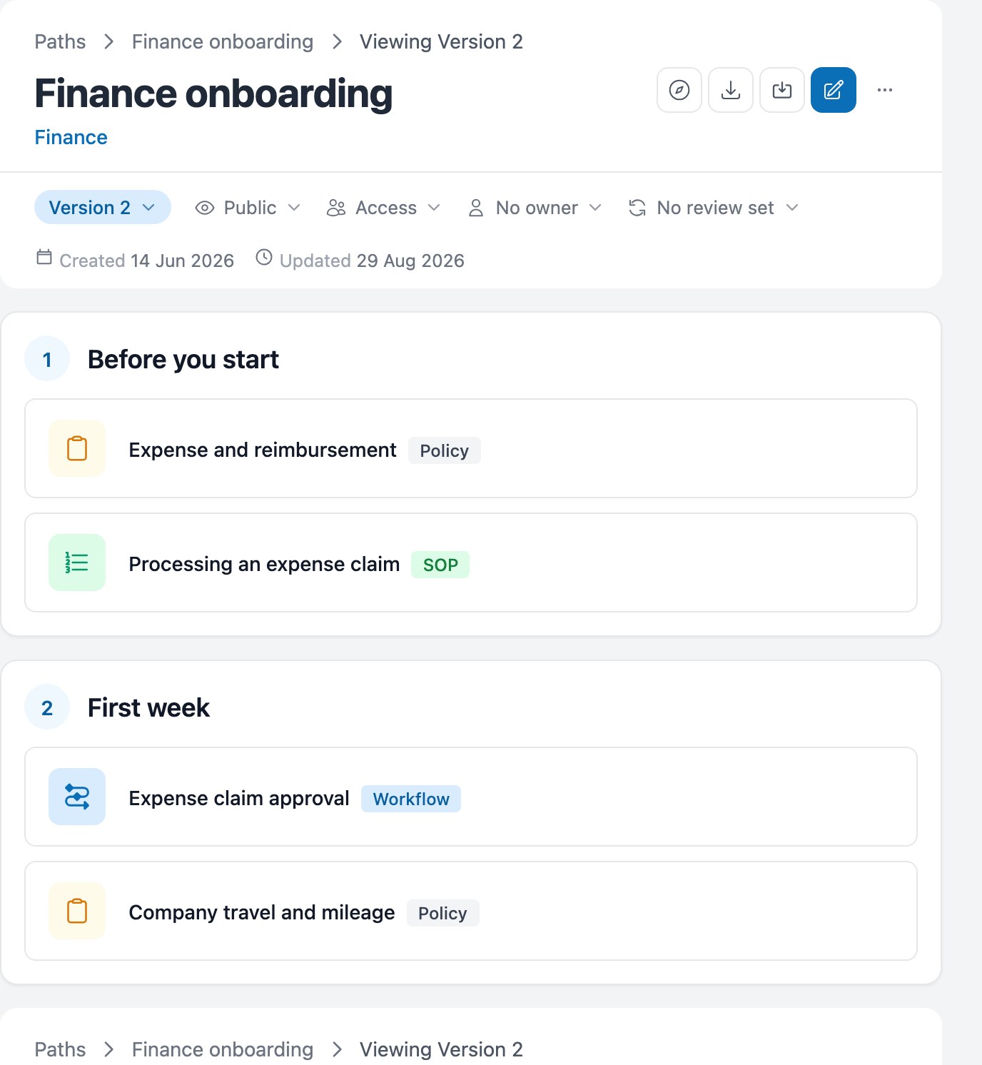 An onboarding path listing a policy, an SOP and a workflow